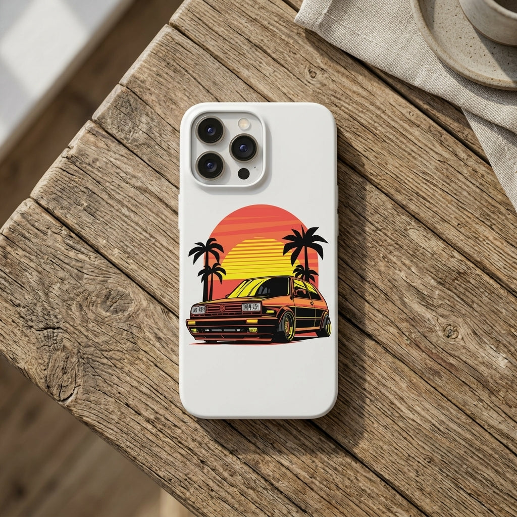 Retro Car Sunset Graphic Matte White iPhone Case