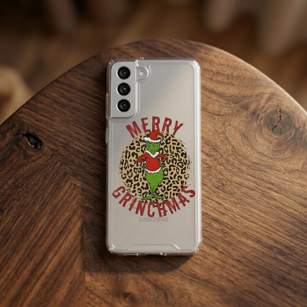 Merry Grinchmas Leopard Print Clear Case for Samsung Galaxy | Festive Christmas Phone Cover