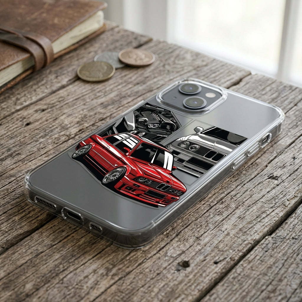iPhone 14 Clear Case - Classic Red BMW E30 Artwork Printed Transparent Back Cover