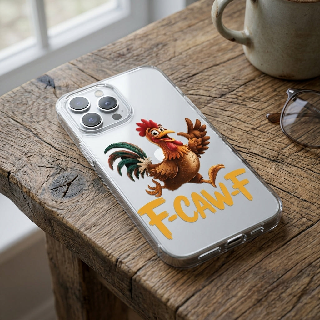 Funny Cartoon Rooster Clear Case | "F-CAW-F" Graphic Phone Cover