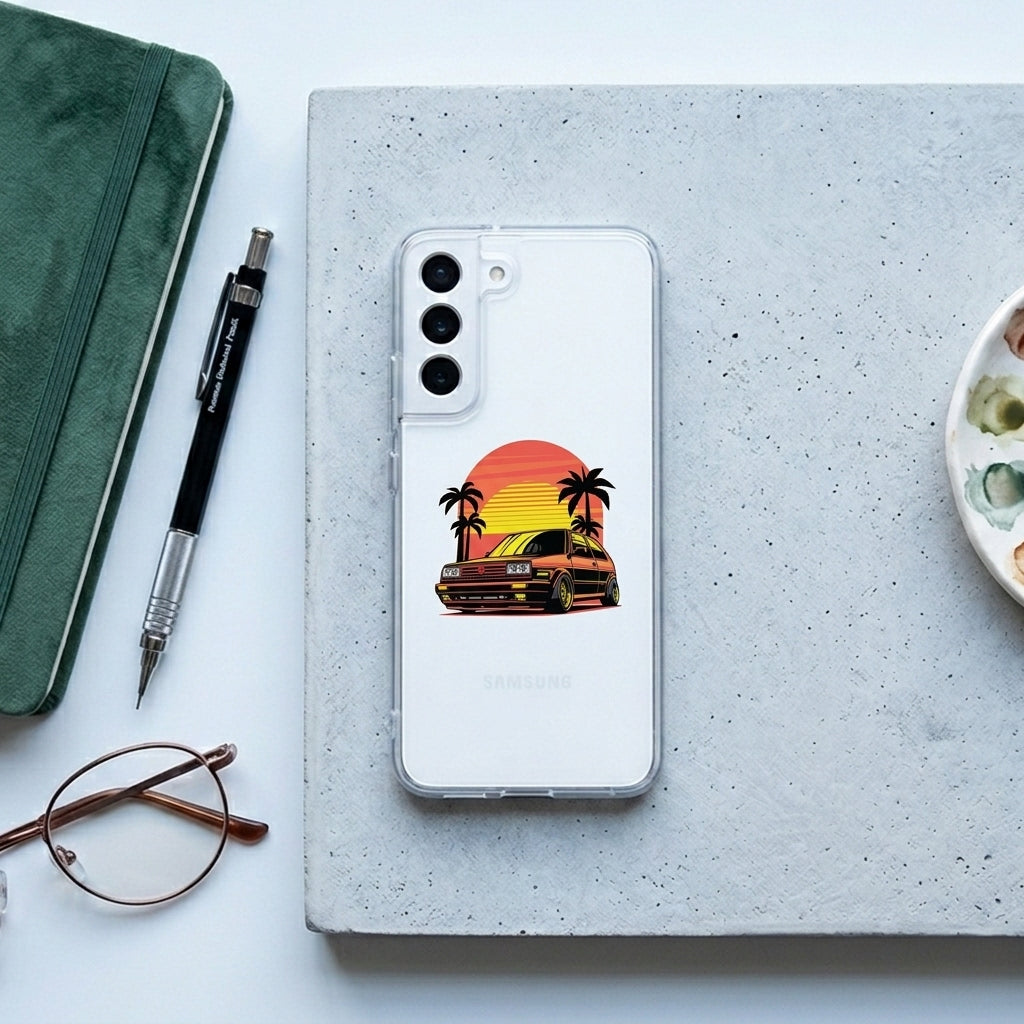 Retro Synthwave Sunset Vintage Hatchback Car Phone Case – Clear Protection