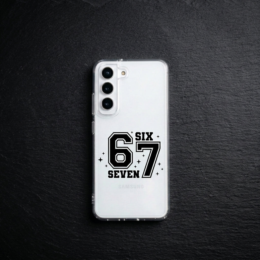 Vintage Varsity Number 67 Clear Phone Case – Athletic Sparkle Typography Cover
