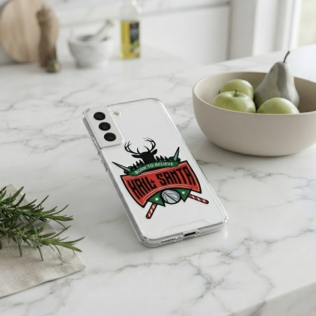 Born to Believe Hail Santa Deer Emblem Designer Clear Case - Festive Transparent Phone Cover