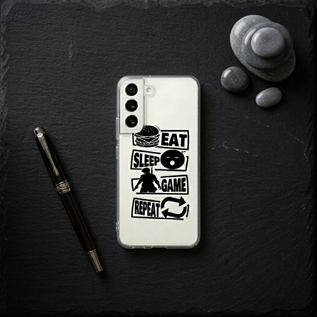 Samsung Clear Case – "EAT SLEEP GAME REPEAT" Gamer Typography Cover