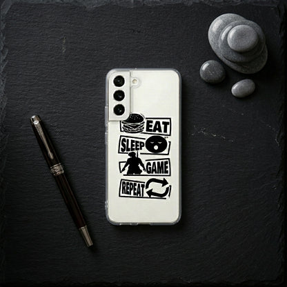 Samsung Clear Case – "EAT SLEEP GAME REPEAT" Gamer Typography Cover