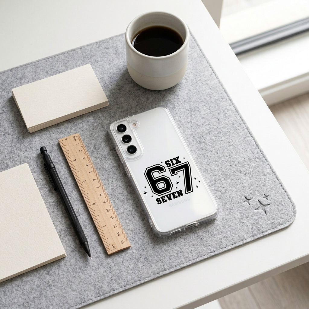 Vintage Varsity Number 67 Clear Phone Case – Athletic Sparkle Typography Cover