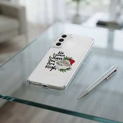 He Knows When You Are High Funny Santa Graphic Designer Clear Case - Festive Transparent Phone Cover