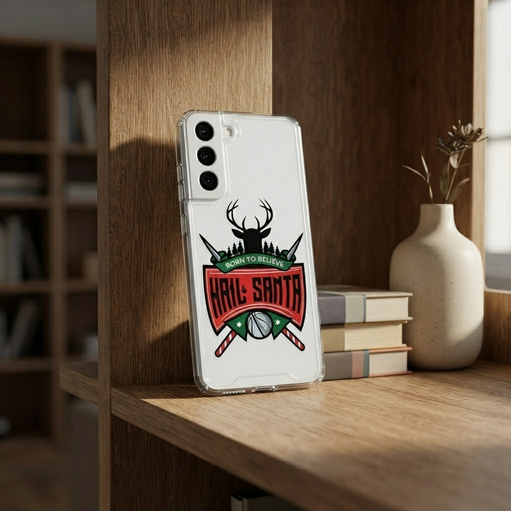 Born to Believe Hail Santa Deer Emblem Designer Clear Case - Festive Transparent Phone Cover