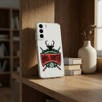 Born to Believe Hail Santa Deer Emblem Designer Clear Case - Festive Transparent Phone Cover