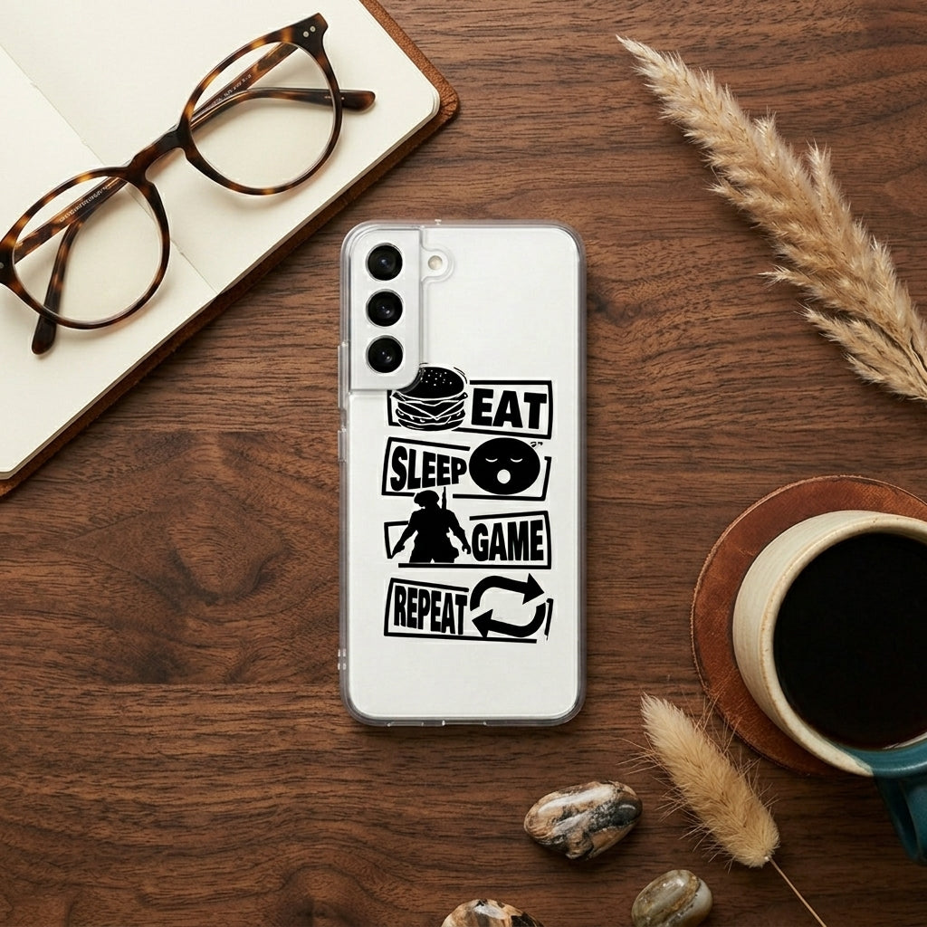 Samsung Clear Case – "EAT SLEEP GAME REPEAT" Gamer Typography Cover