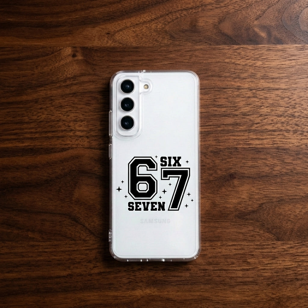 Vintage Varsity Number 67 Clear Phone Case – Athletic Sparkle Typography Cover