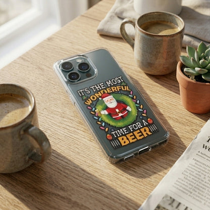Most Wonderful Time For A Beer Santa Clear Case for iPhone | Funny Christmas Drinking Phone Cover