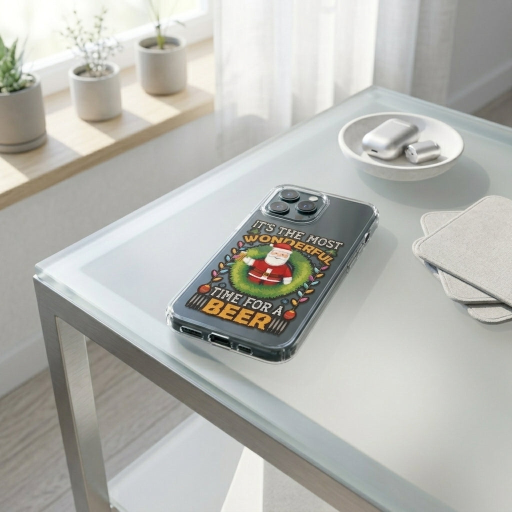 Most Wonderful Time For A Beer Santa Clear Case for iPhone | Funny Christmas Drinking Phone Cover