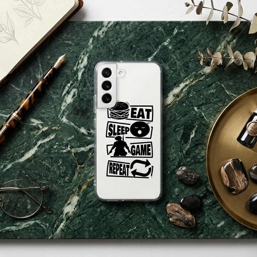 Samsung Clear Case – "EAT SLEEP GAME REPEAT" Gamer Typography Cover