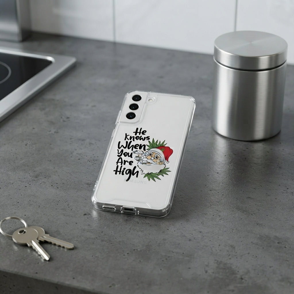 He Knows When You Are High Funny Santa Graphic Designer Clear Case - Festive Transparent Phone Cover