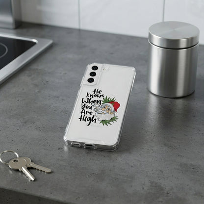 He Knows When You Are High Funny Santa Graphic Designer Clear Case - Festive Transparent Phone Cover