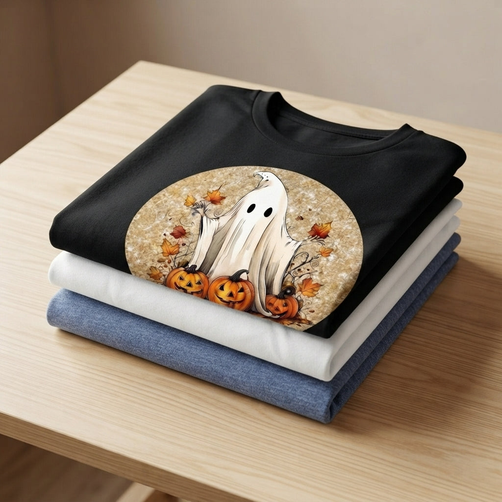 Autumn Ghost & Pumpkins T-Shirt – Vintage Fall Halloween Graphic Tee