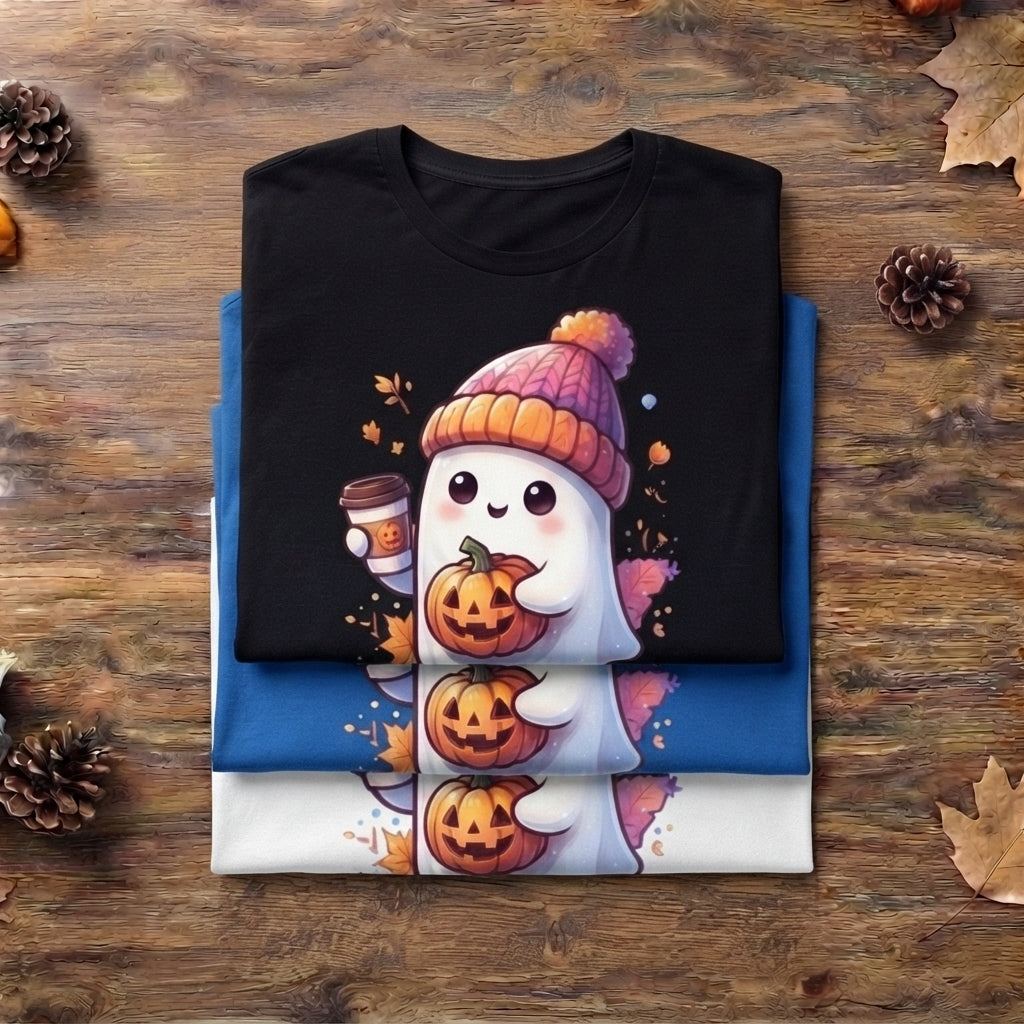Cute Ghost with Coffee & Pumpkin T-Shirt – Cozy Fall Halloween Graphic Tee