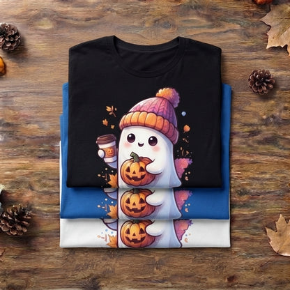 Cute Ghost with Coffee & Pumpkin T-Shirt – Cozy Fall Halloween Graphic Tee
