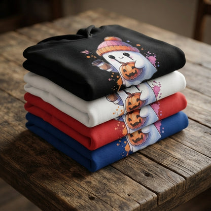 Cozy Coffee Ghost Halloween Hoodie – Cute Beanie Ghost & Pumpkin Spice Pullover