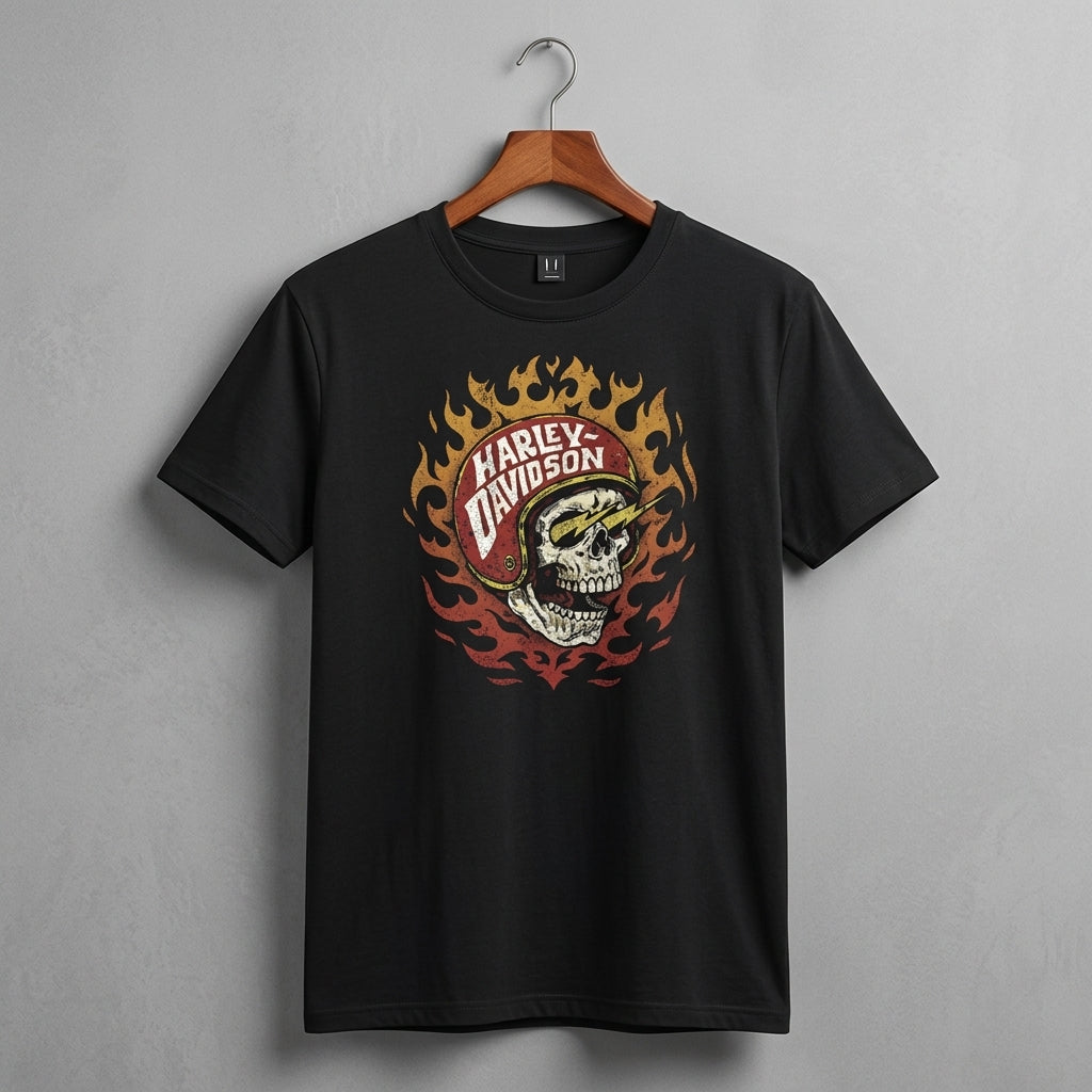 Retro Flaming Skull Lightning Helmet Graphic T-Shirt