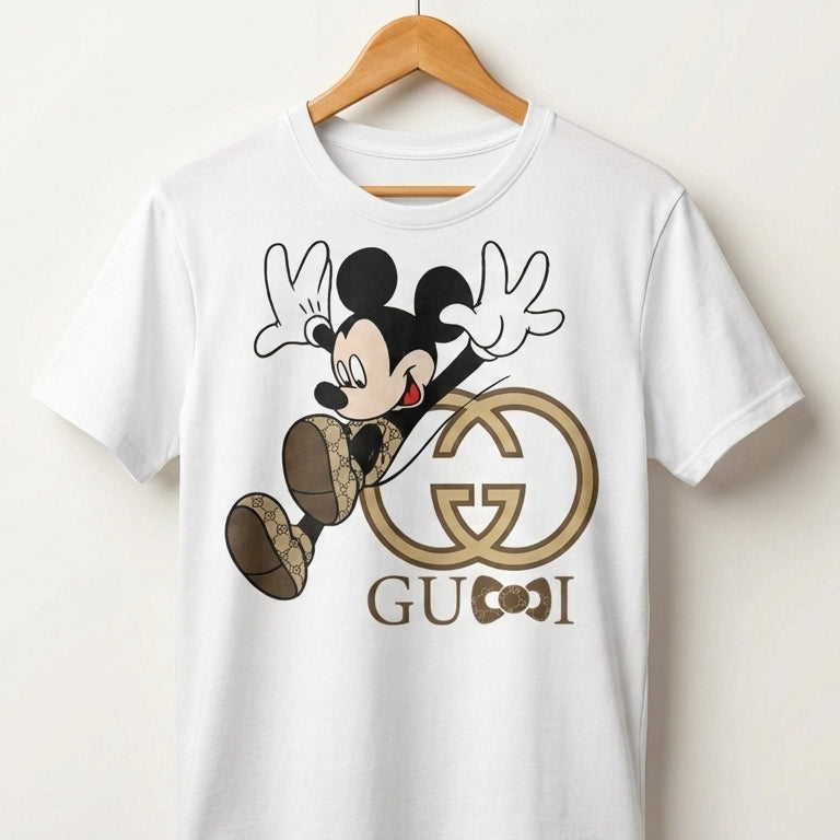 Jumping Mickey Mouse in Monogram Shoes Graphic T-Shirt - Blue & White Unisex Cotton Fashion Parody Streetwear Tee
