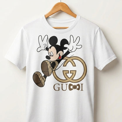 Jumping Mickey Mouse in Monogram Shoes Graphic T-Shirt - Blue & White Unisex Cotton Fashion Parody Streetwear Tee