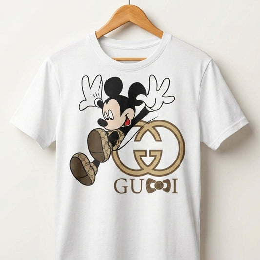 Jumping Mickey Mouse in Monogram Shoes Graphic T-Shirt - Blue & White Unisex Cotton Fashion Parody Streetwear Tee