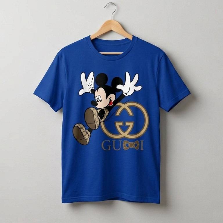 Jumping Mickey Mouse in Monogram Shoes Graphic T-Shirt - Blue & White Unisex Cotton Fashion Parody Streetwear Tee