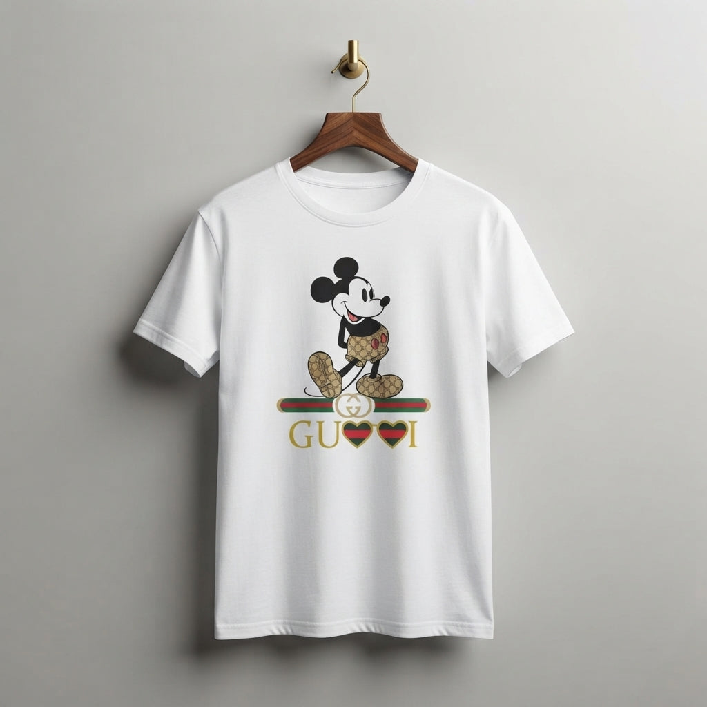 Classic Mickey Mouse in Monogram Shorts Graphic T-Shirt - White & Blue Unisex Premium Cotton Streetwear Tee (XS to 4XL)