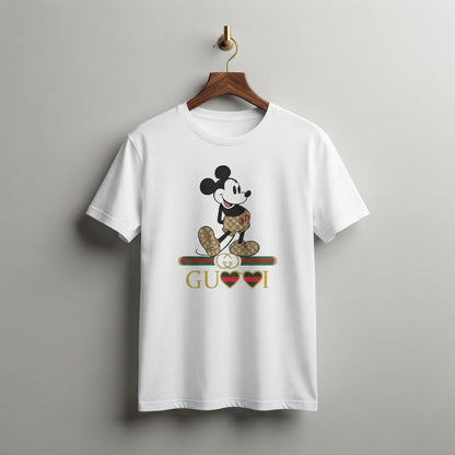 Classic Mickey Mouse in Monogram Shorts Graphic T-Shirt - White & Blue Unisex Premium Cotton Streetwear Tee (XS to 4XL)