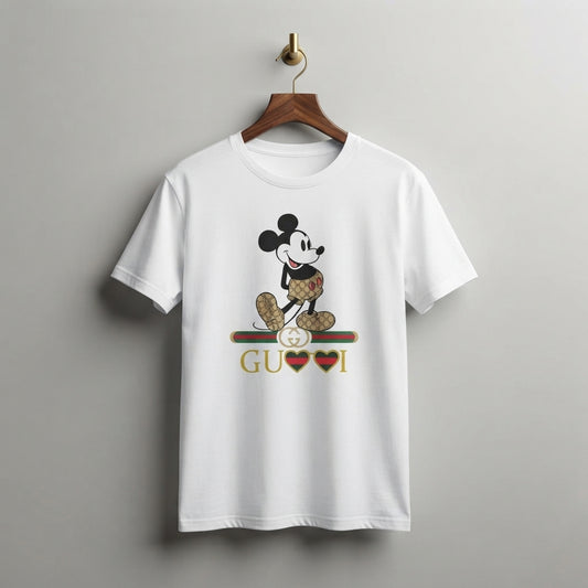 Classic Mickey Mouse in Monogram Shorts Graphic T-Shirt - White & Blue Unisex Premium Cotton Streetwear Tee (XS to 4XL)