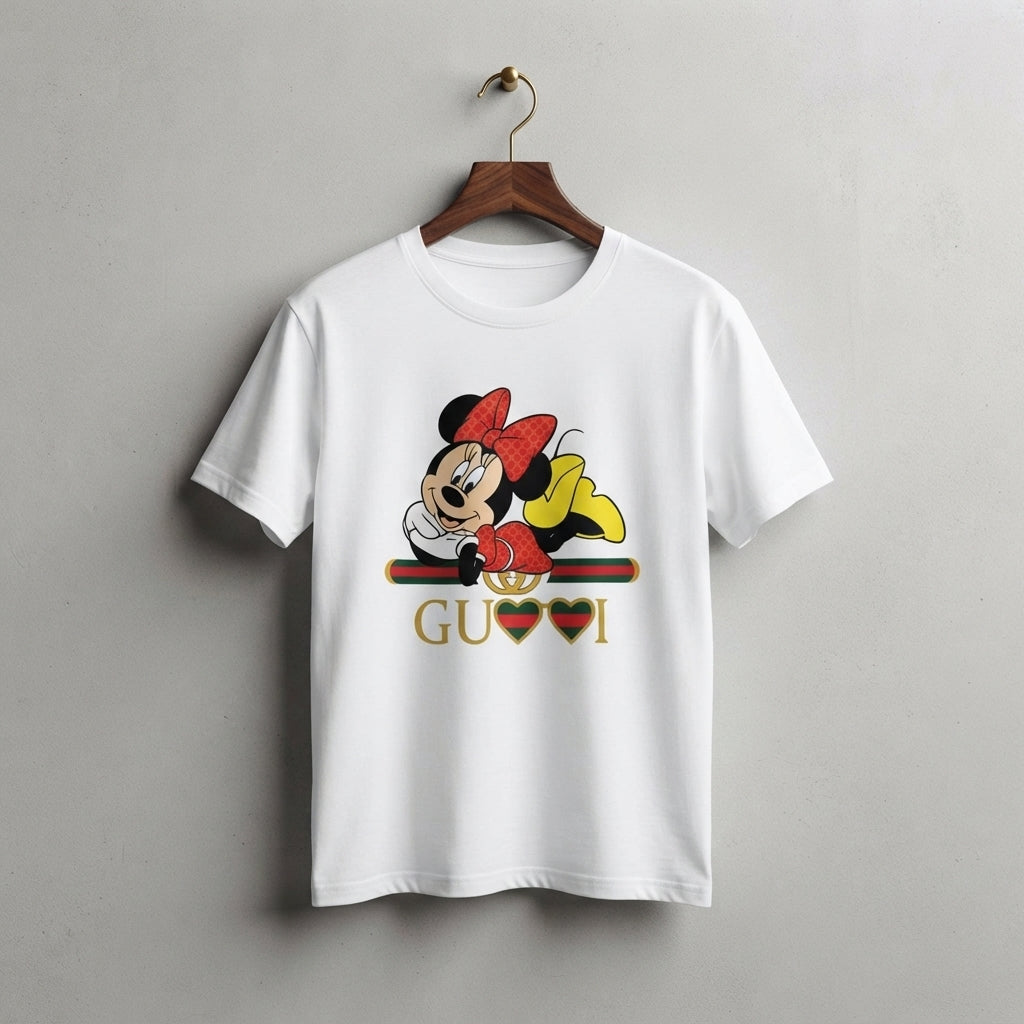 Cute Lying Minnie Mouse in Red Polka Dot Bow Graphic T-Shirt - Unisex Premium Cotton Streetwear Tee (White, Blue | XS to 4XL)