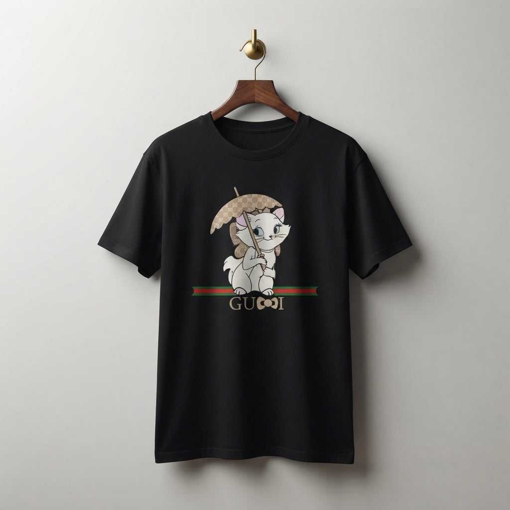 Cute Kitten with Luxury Monogram Umbrella Graphic T-Shirt - Unisex Premium Cotton Streetwear Tee (Black, Blue | XS to 4XL)