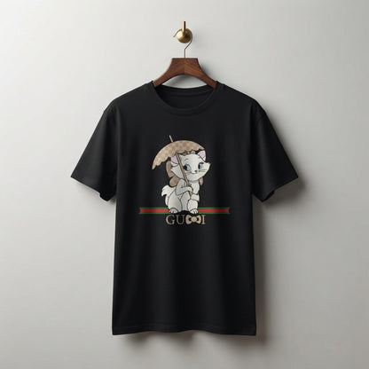 Cute Kitten with Luxury Monogram Umbrella Graphic T-Shirt - Unisex Premium Cotton Streetwear Tee (Black, Blue | XS to 4XL)