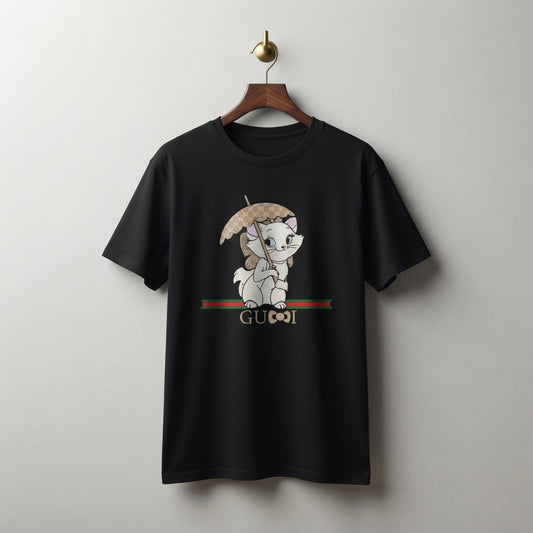 Cute Kitten with Luxury Monogram Umbrella Graphic T-Shirt - Unisex Premium Cotton Streetwear Tee (Black, Blue | XS to 4XL)