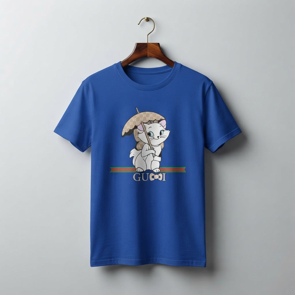 Cute Kitten with Luxury Monogram Umbrella Graphic T-Shirt - Unisex Premium Cotton Streetwear Tee (Black, Blue | XS to 4XL)