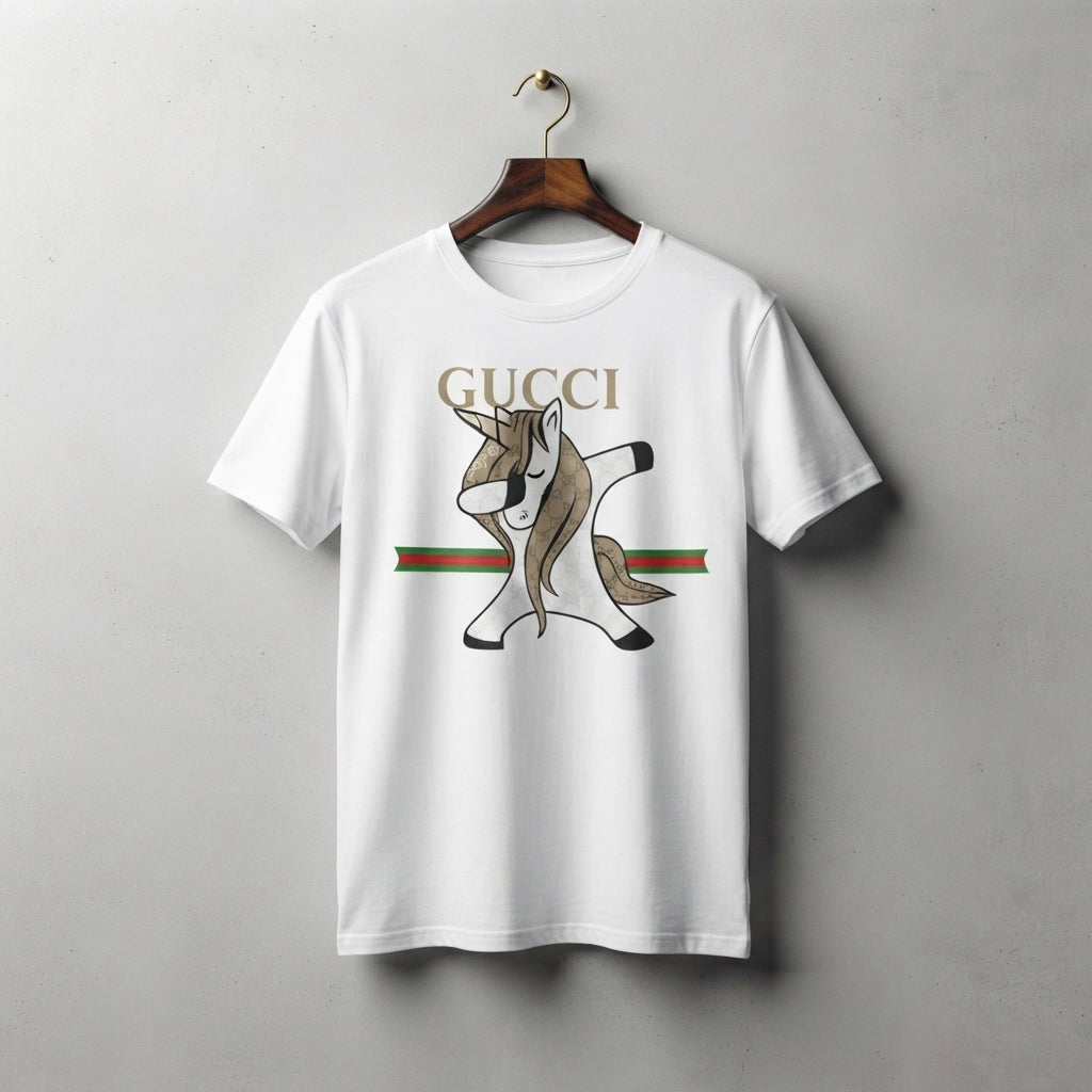 Dabbing Unicorn in Luxury Monogram Mane Graphic T-Shirt - Unisex Premium Cotton Streetwear Tee (Black, White, Blue | XS to 4XL)