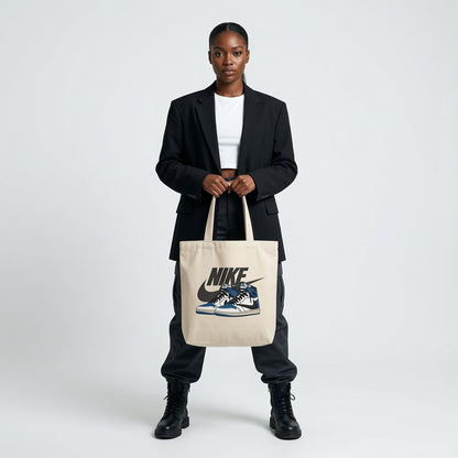 Blue & White High-Top Graphic Canvas Tote Bag - Reverse Swoosh Streetwear Shoulder Bag