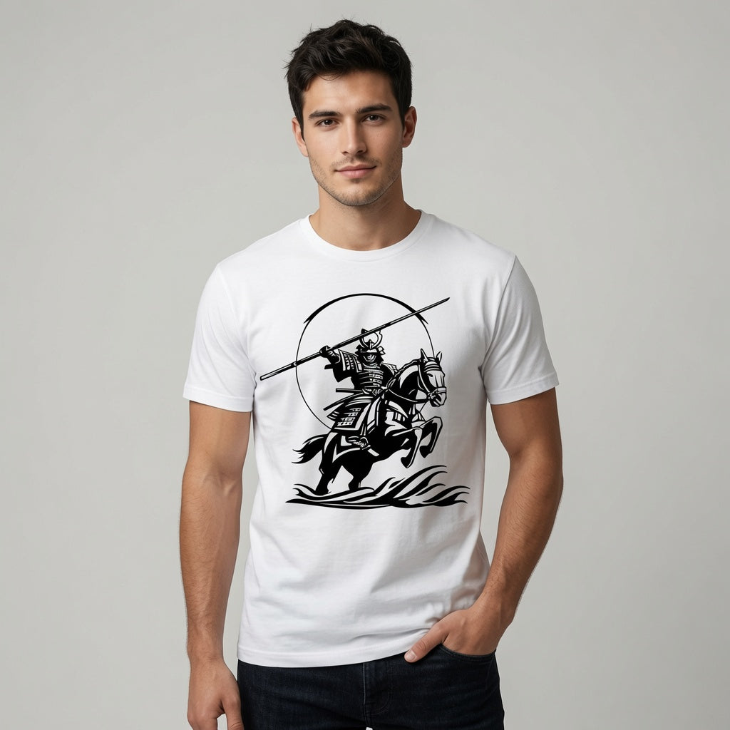 Samurai Horseback T-Shirt Japanese Warrior Graphic Tee White