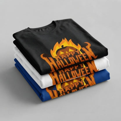 Fiery Happy Halloween T-Shirt – Flaming Pumpkin Spooky Graphic Tee