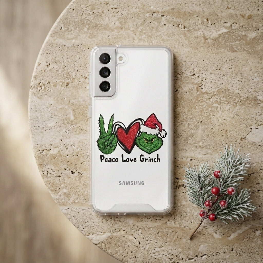Peace Love Grinch Christmas Clear Case for Samsung Galaxy | Holiday Phone Cover