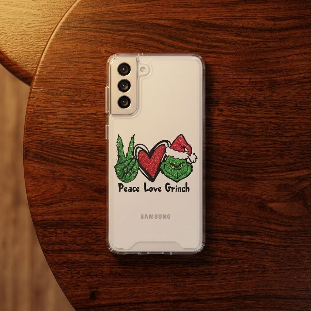Peace Love Grinch Christmas Clear Case for Samsung Galaxy | Holiday Phone Cover