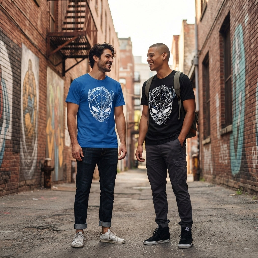 Cyber Mask Sketch Graphic Tee – Metallic Line Art Graphic T-Shirt