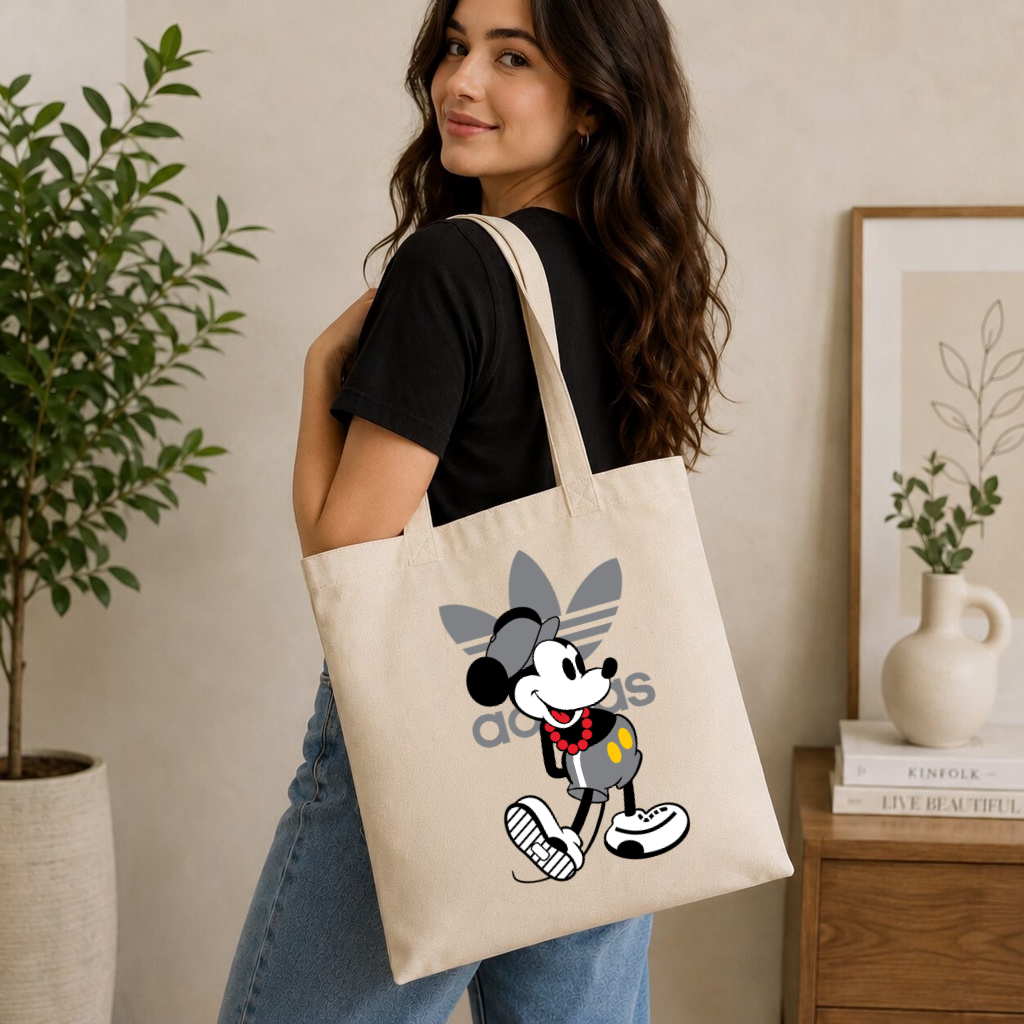 Cool Cartoon Mouse Canvas Tote Bag - Retro Streetwear Graphic Reusable Shopping Bag