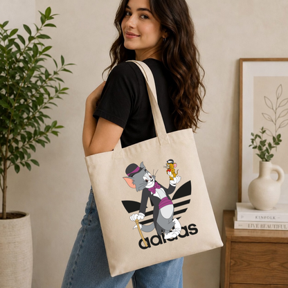 Retro Cartoon Duo Canvas Tote Bag - Dapper Cat & Mouse Graphic Shopping Bag