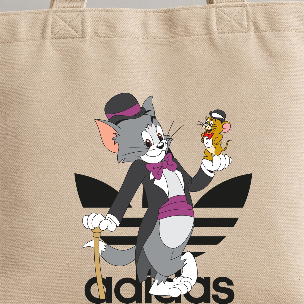 Retro Cartoon Duo Canvas Tote Bag - Dapper Cat & Mouse Graphic Shopping Bag