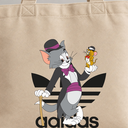 Retro Cartoon Duo Canvas Tote Bag - Dapper Cat & Mouse Graphic Shopping Bag