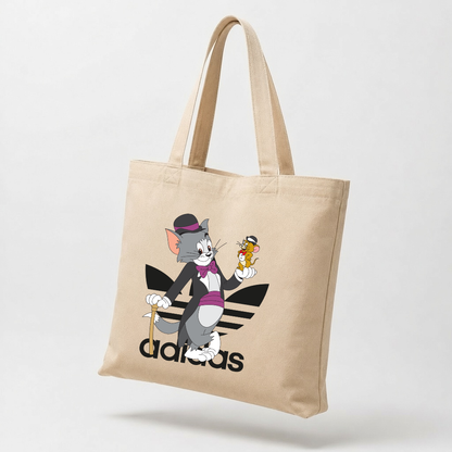 Retro Cartoon Duo Canvas Tote Bag - Dapper Cat & Mouse Graphic Shopping Bag