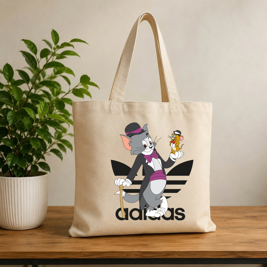 Retro Cartoon Duo Canvas Tote Bag - Dapper Cat & Mouse Graphic Shopping Bag